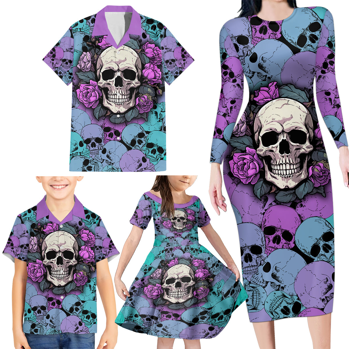 Skull Pattern Family Matching Long Sleeve Bodycon Dress and Hawaiian Shirt Your Are Not Hard To Love - Wonder Print Shop