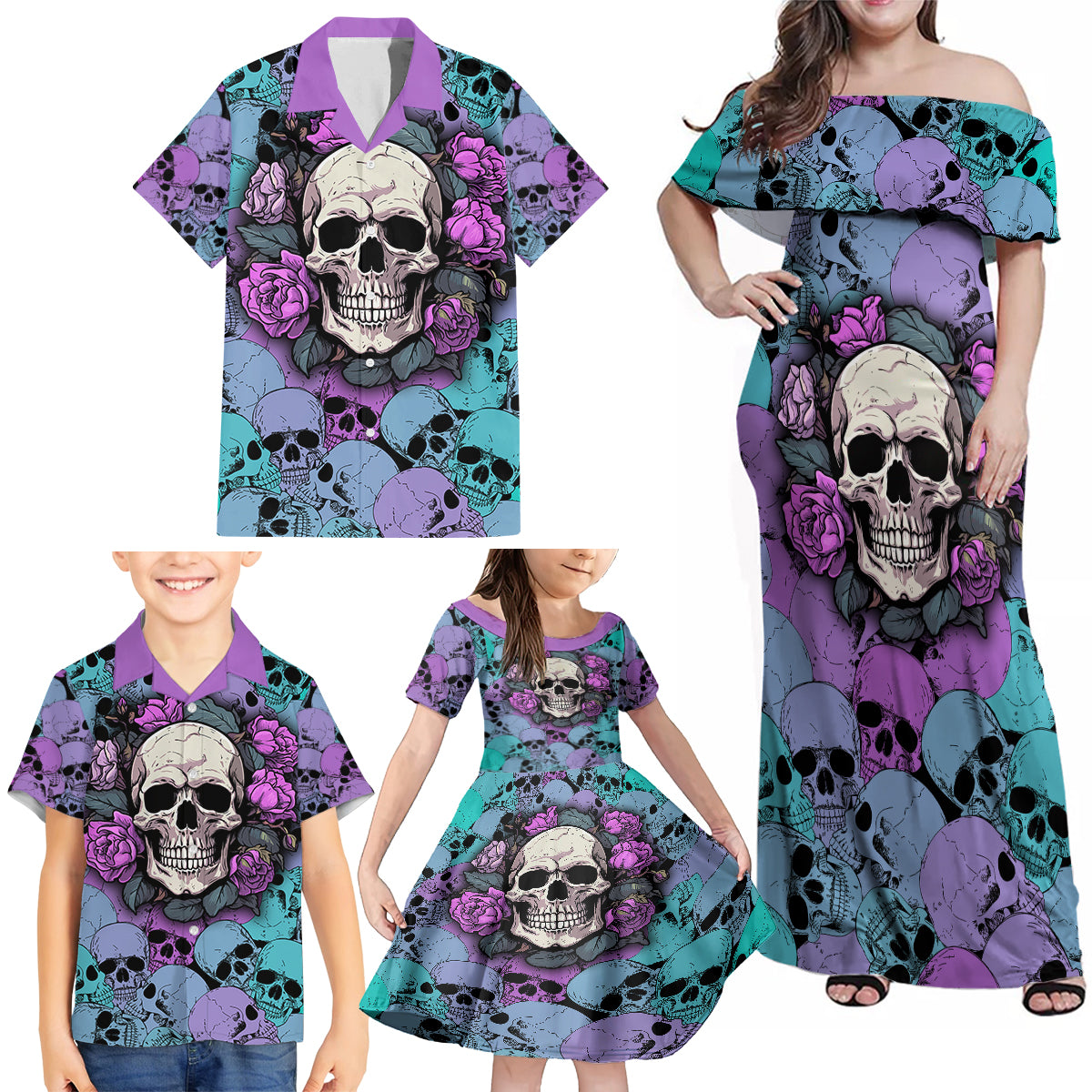 Skull Pattern Family Matching Off Shoulder Maxi Dress and Hawaiian Shirt Your Are Not Hard To Love - Wonder Print Shop