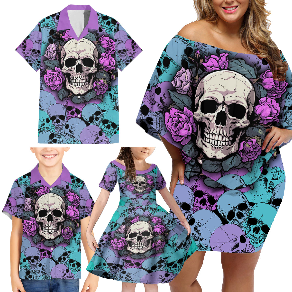 Skull Pattern Family Matching Off Shoulder Short Dress and Hawaiian Shirt Your Are Not Hard To Love - Wonder Print Shop