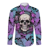 Colorful long-sleeve button shirt with skull and roses graphic on front