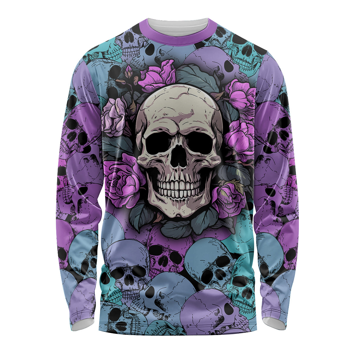 Multicolor long sleeve shirt with large skull face and roses graphic, all-over skull print