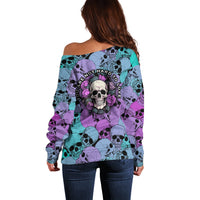 Multicolor off-shoulder skull rose sweater, back graphic with text, long sleeves