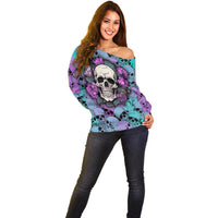 Multicolor off-shoulder skull and rose pullover sweater with long sleeves