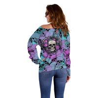 Multicolor off-shoulder skull rose sweater with circular back text graphic, long sleeves
