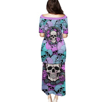 Multicolor long dress with skull-and-rose print, short sleeves, scoop back