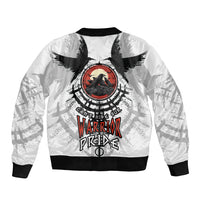 White unisex bomber jacket with full-zip front, black ribbing, raven emblem and stylized text