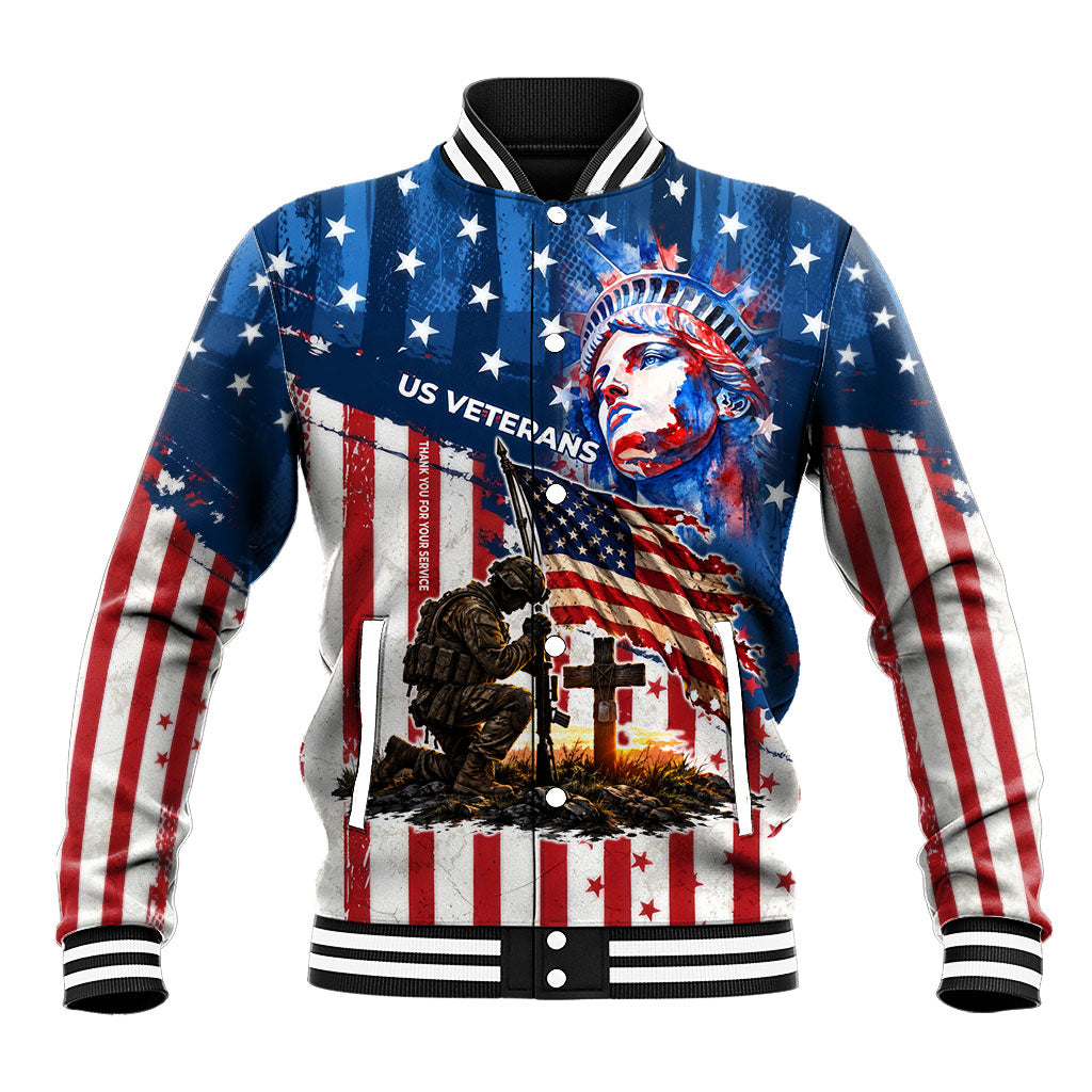 Personalized US Veterans Baseball Jacket American Patriotic Military Eagle Statue Of Liberty