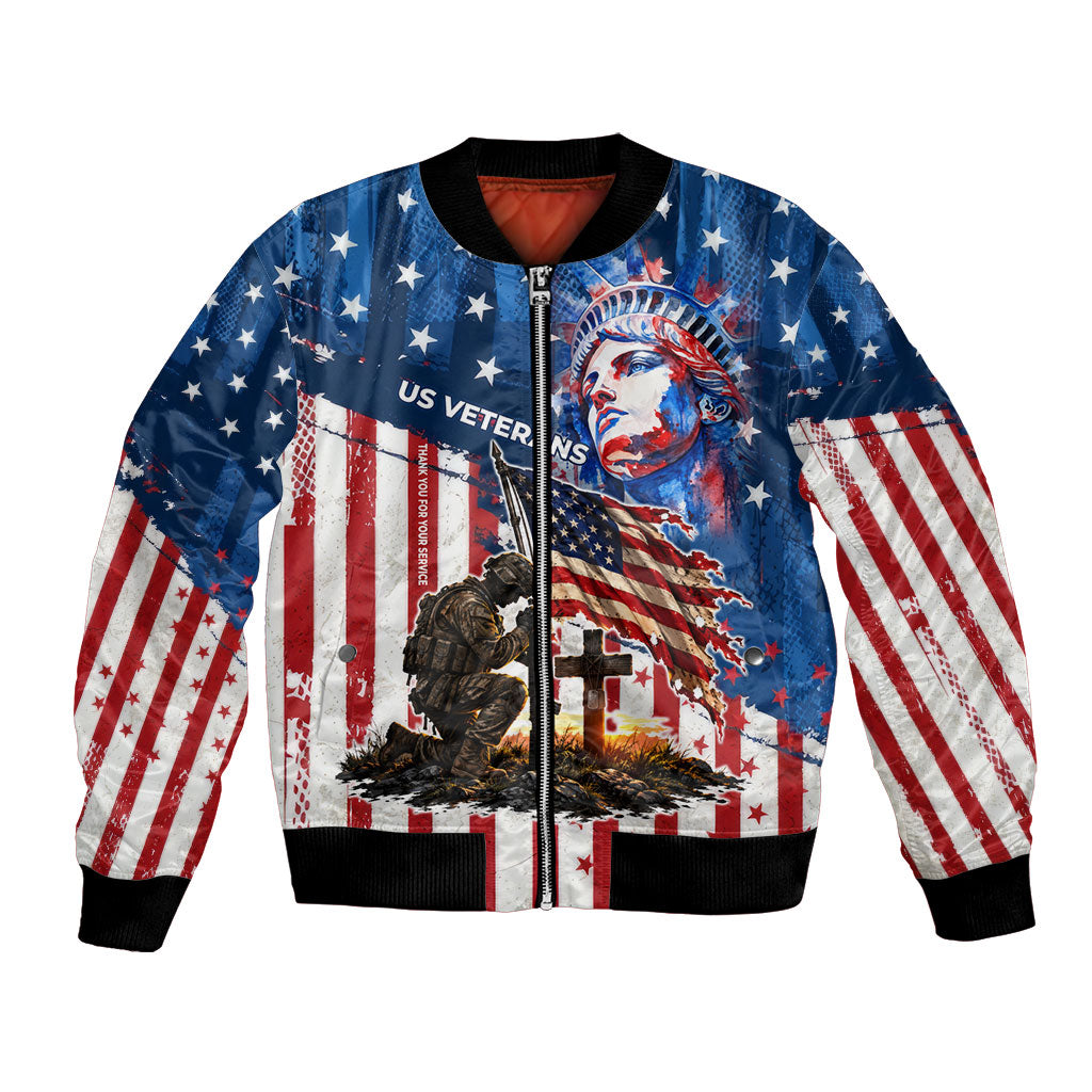 Personalized US Veterans Bomber Jacket American Patriotic Military Eagle Statue Of Liberty