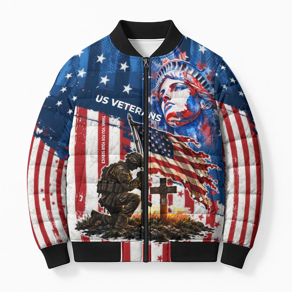 Personalized US Veterans Bomber Puffer Jacket American Patriotic Military Eagle Statue Of Liberty