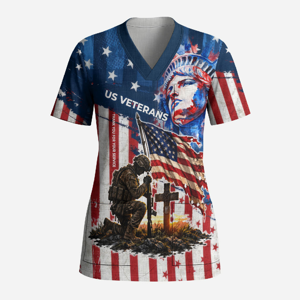 Personalized US Veterans Scrub Top American Patriotic Military Eagle Statue Of Liberty