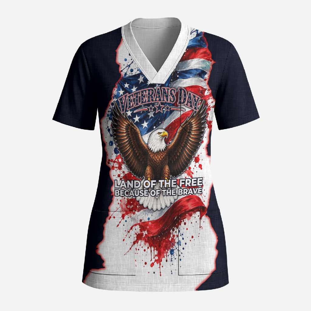 Personalized US Veterans Day American Flag Scrub Top Patriotic Eagle Silhouette Military Soldier