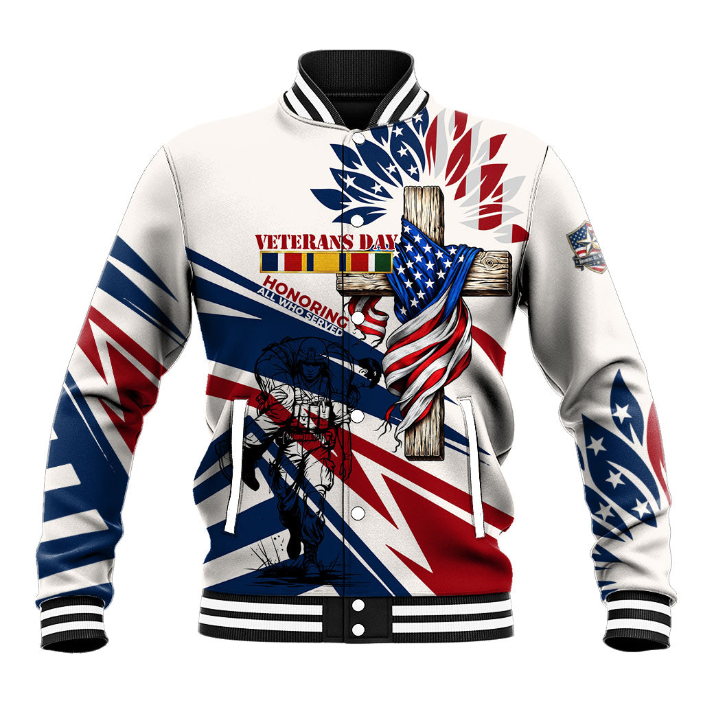 Personalized US Veterans Day Wooden Cross American Flag Baseball Jacket Patriotic Honoring All Who Served Military Soldier Flag Raising