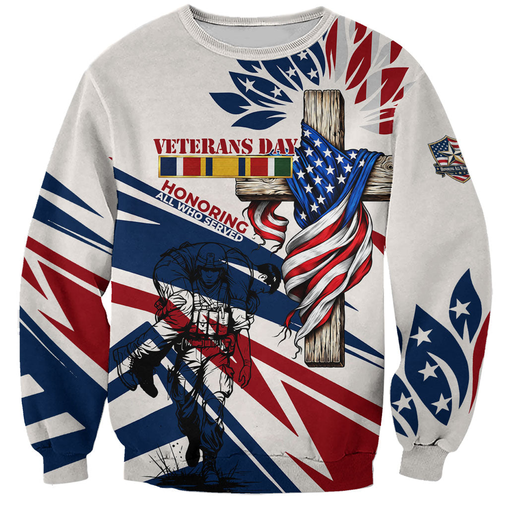 Personalized US Veterans Day Wooden Cross American Flag Sweatshirt Patriotic Honoring All Who Served Military Soldier Flag Raising