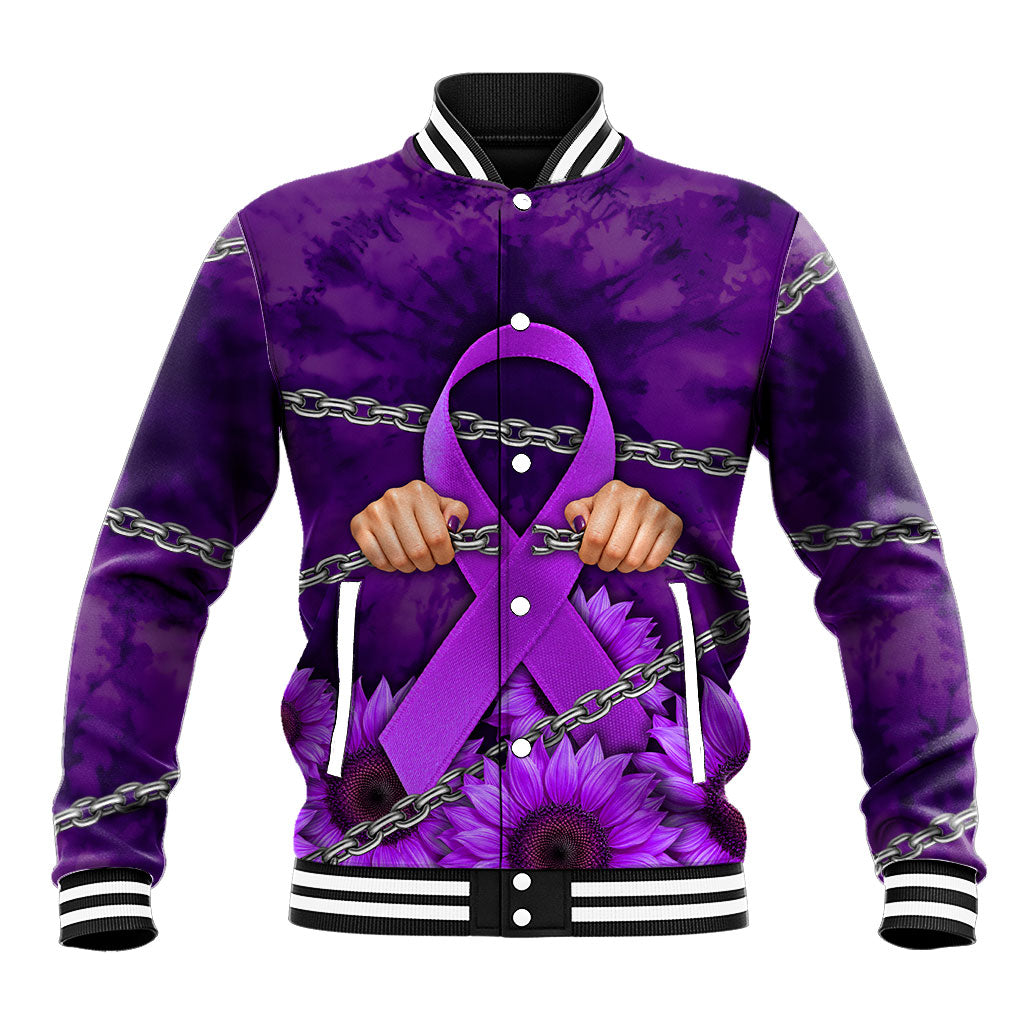 Domestic Violence Awareness Baseball Jacket Breaking Chains Purple Ribbon Sunflower Strength Quote