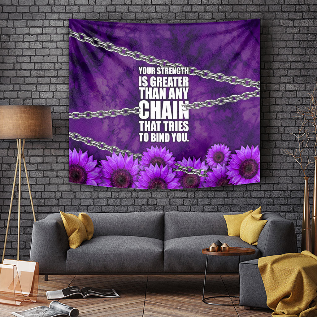 Domestic Violence Awareness Tapestry Breaking Chains Purple Ribbon Sunflower Strength Quote