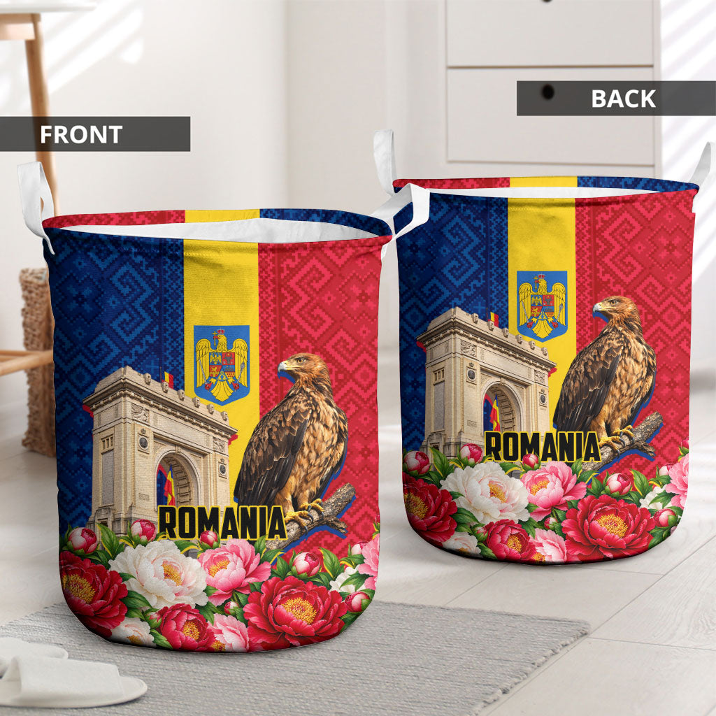 Romania Eagle And Arcul De Triumf Laundry Basket Traditional Folk Pattern With Floral Peony Motifs