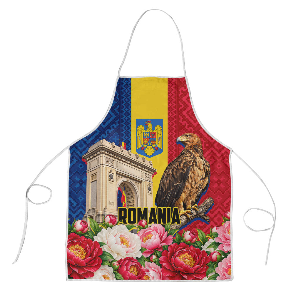 Romania Eagle And Arcul De Triumf Apron Traditional Folk Pattern With Floral Peony Motifs