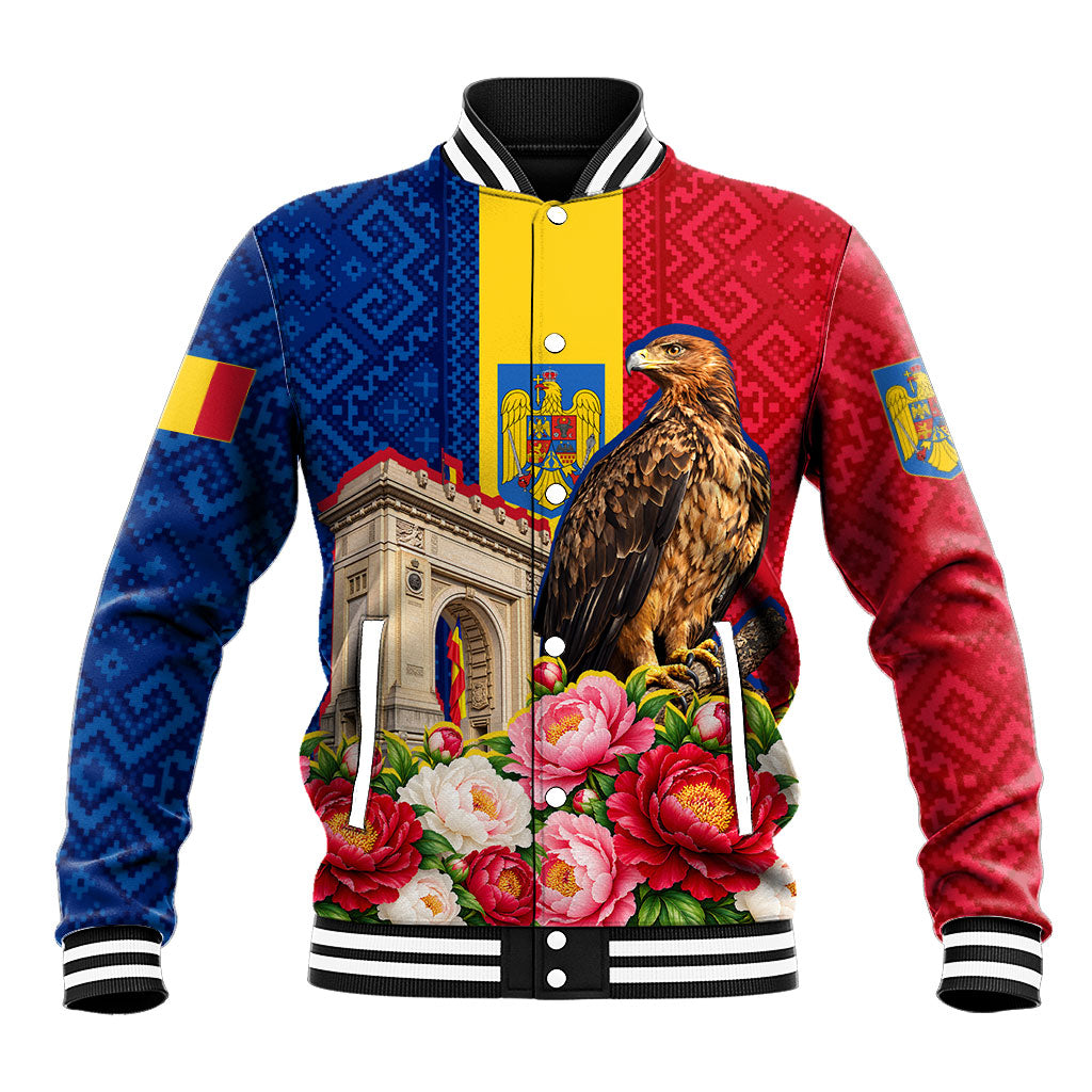 Romania Eagle And Arcul De Triumf Baseball Jacket Traditional Folk Pattern With Floral Peony Motifs