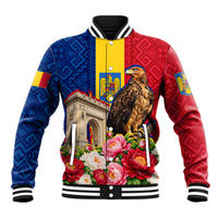 Romania Eagle And Arcul De Triumf Baseball Jacket Traditional Folk Pattern With Floral Peony Motifs