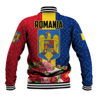 Romania Eagle And Arcul De Triumf Baseball Jacket Traditional Folk Pattern With Floral Peony Motifs