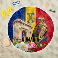 Romania Eagle And Arcul De Triumf Beach Blanket Traditional Folk Pattern With Floral Peony Motifs