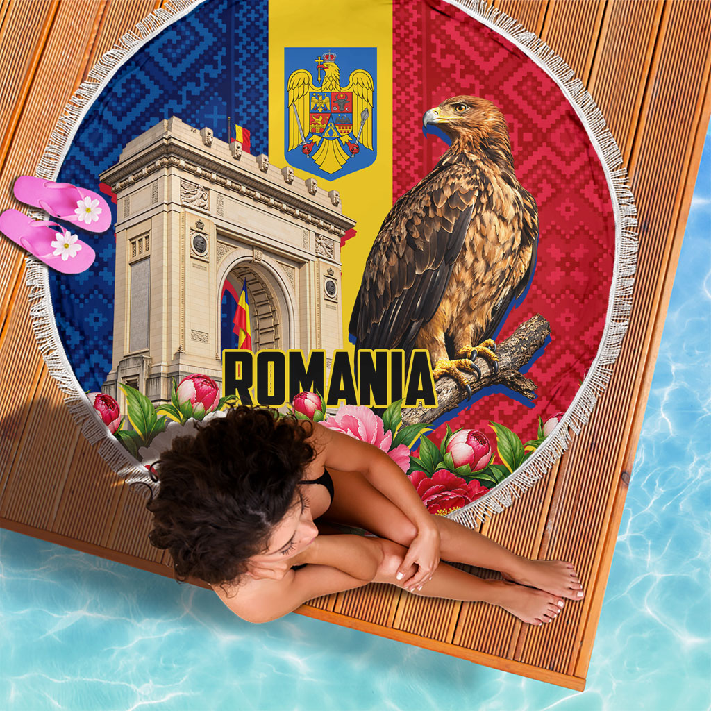 Romania Eagle And Arcul De Triumf Beach Blanket Traditional Folk Pattern With Floral Peony Motifs