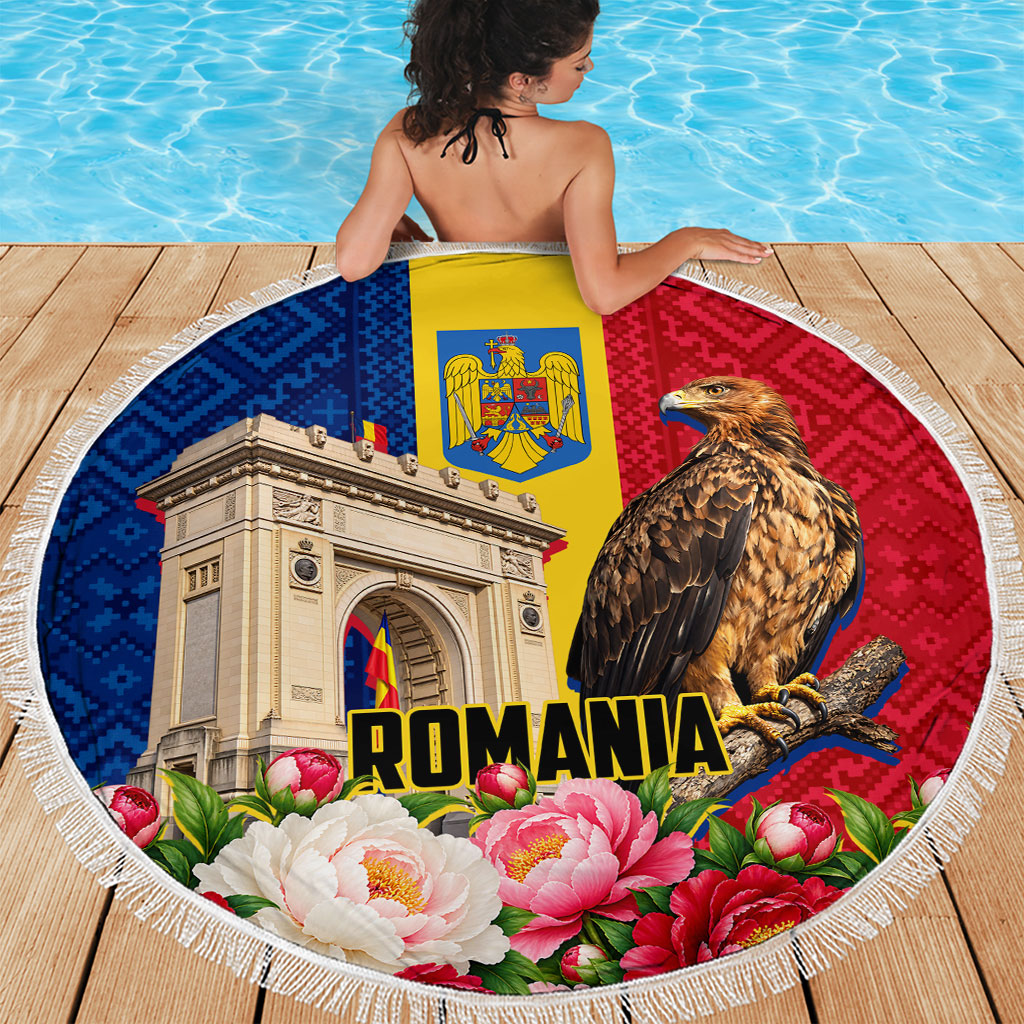 Romania Eagle And Arcul De Triumf Beach Blanket Traditional Folk Pattern With Floral Peony Motifs