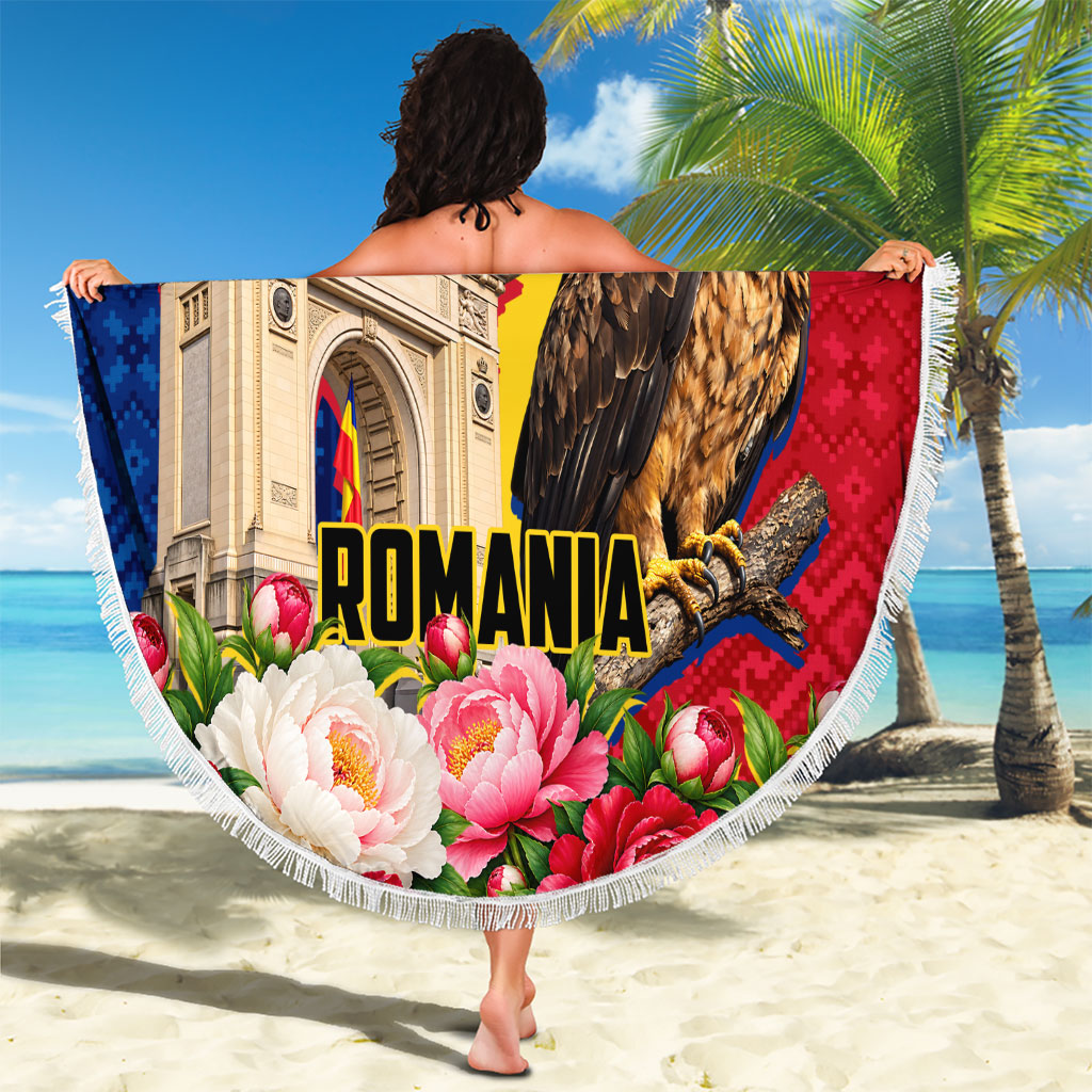 Romania Eagle And Arcul De Triumf Beach Blanket Traditional Folk Pattern With Floral Peony Motifs
