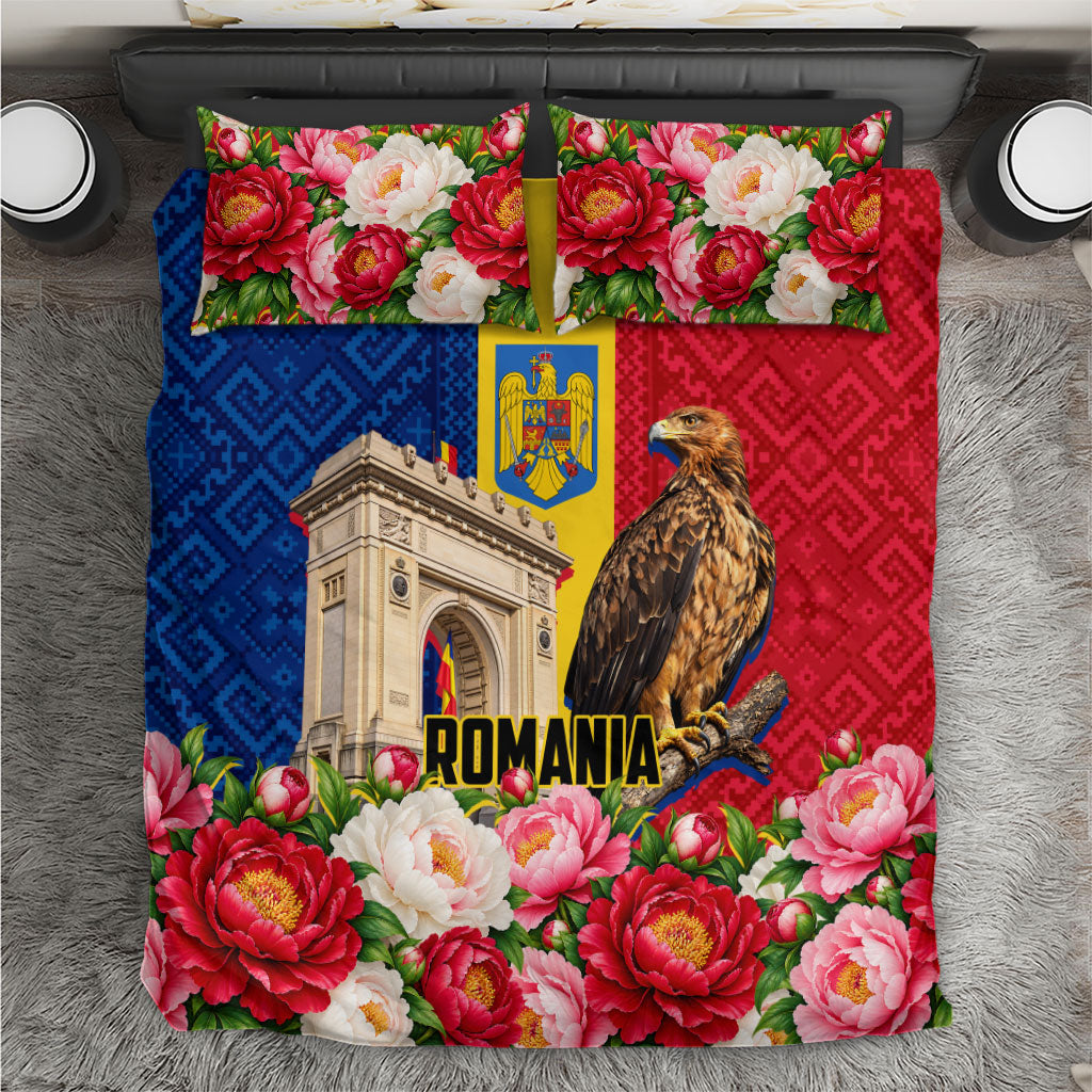 Romania Eagle And Arcul De Triumf Bedding Set Traditional Folk Pattern With Floral Peony Motifs