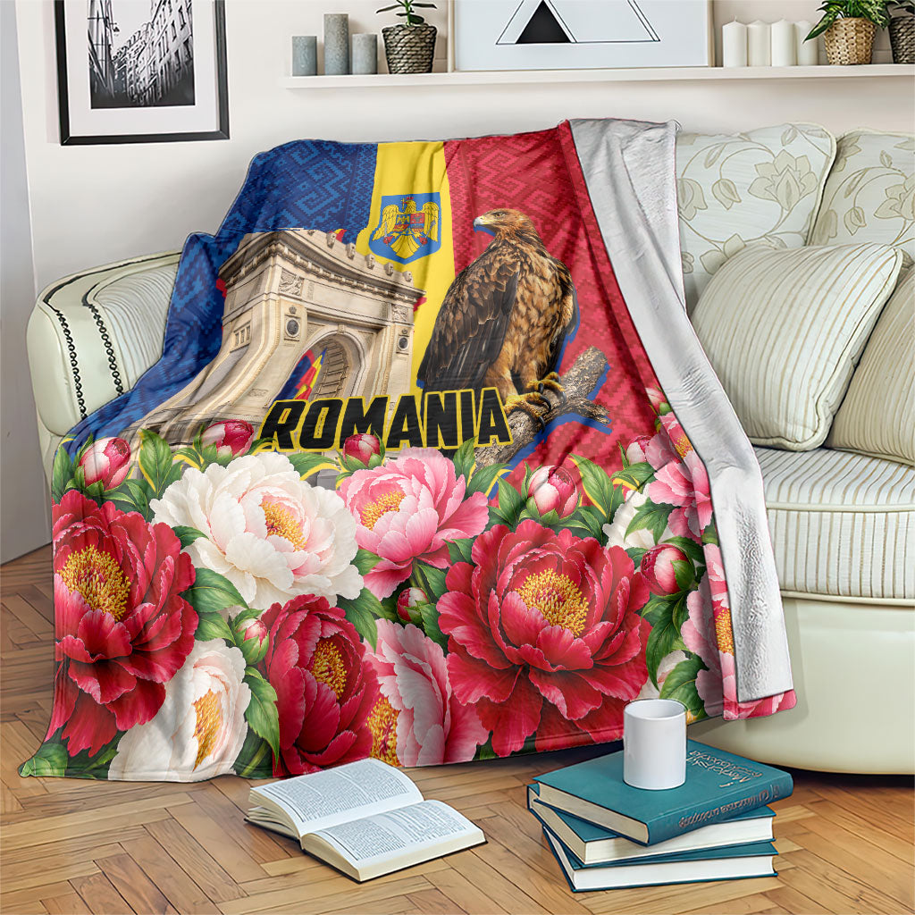 Romania Eagle And Arcul De Triumf Blanket Traditional Folk Pattern With Floral Peony Motifs