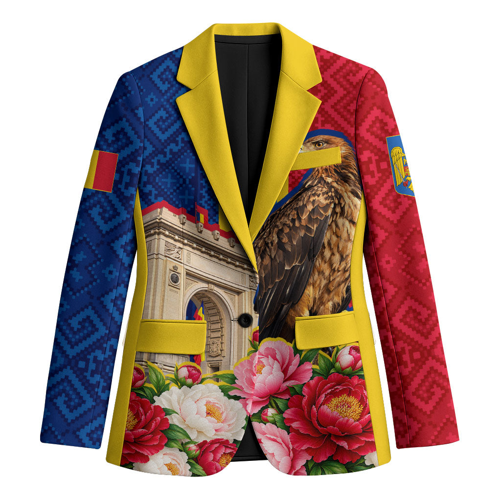 Romania Eagle And Arcul De Triumf Blazer Traditional Folk Pattern With Floral Peony Motifs