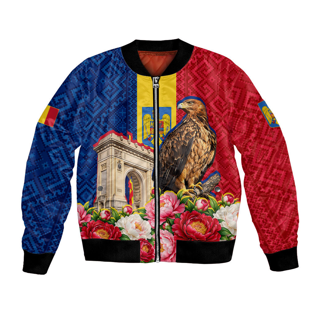 Romania Eagle And Arcul De Triumf Bomber Jacket Traditional Folk Pattern With Floral Peony Motifs