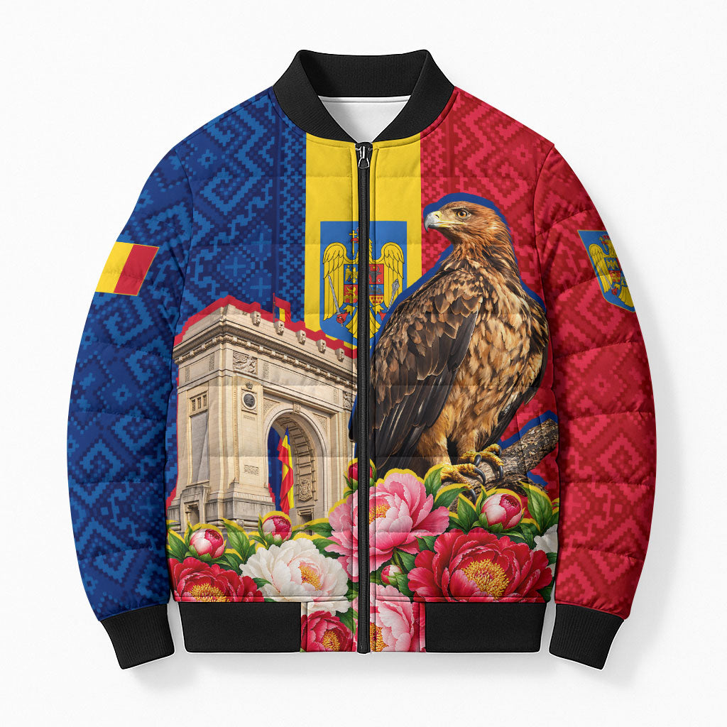 Romania Eagle And Arcul De Triumf Bomber Puffer Jacket Traditional Folk Pattern With Floral Peony Motifs