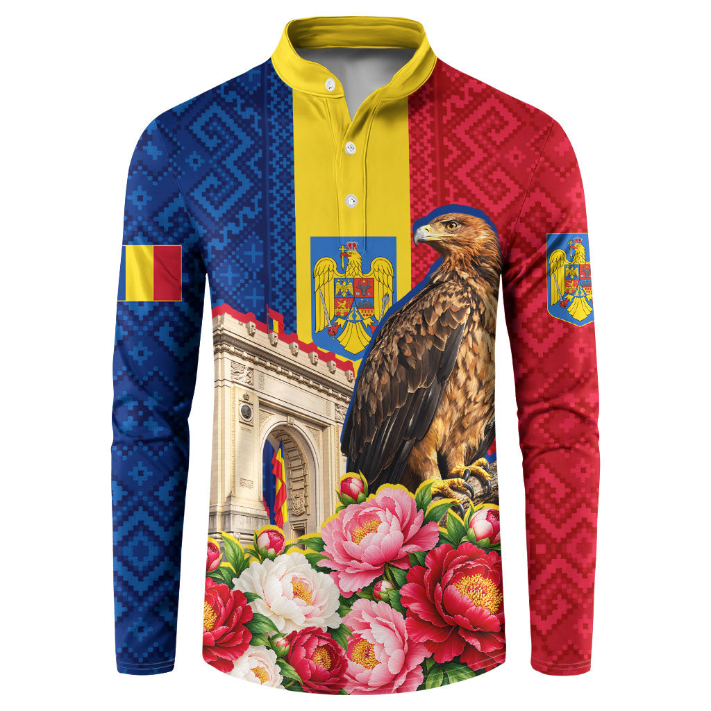 Romania Eagle And Arcul De Triumf Button Sweatshirt Traditional Folk Pattern With Floral Peony Motifs