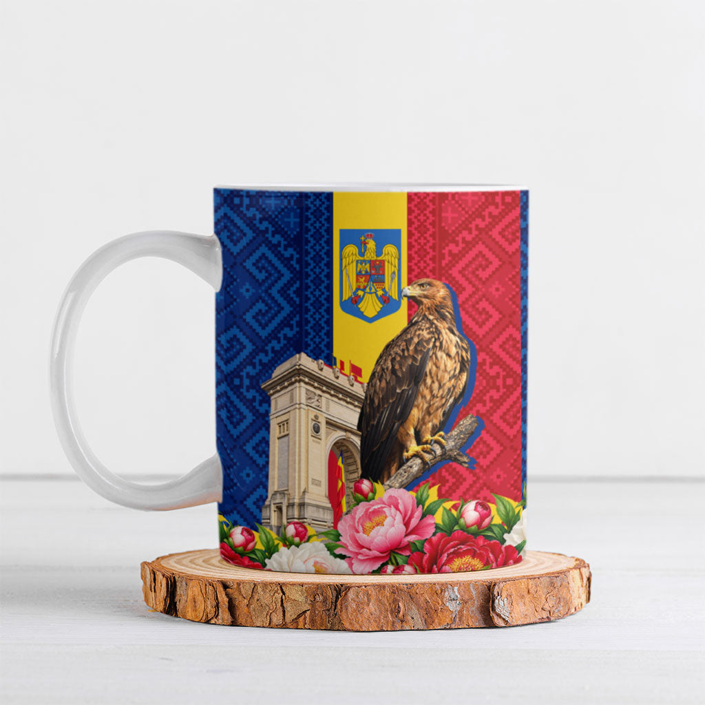 Romania Eagle And Arcul De Triumf Ceramic Mug Traditional Folk Pattern With Floral Peony Motifs