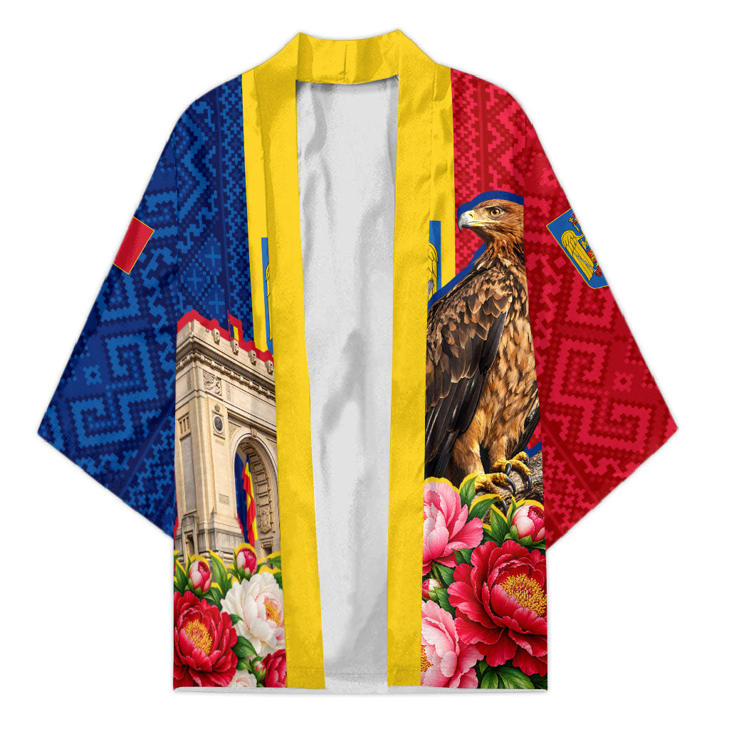 Romania Eagle And Arcul De Triumf Kimono Traditional Folk Pattern With Floral Peony Motifs