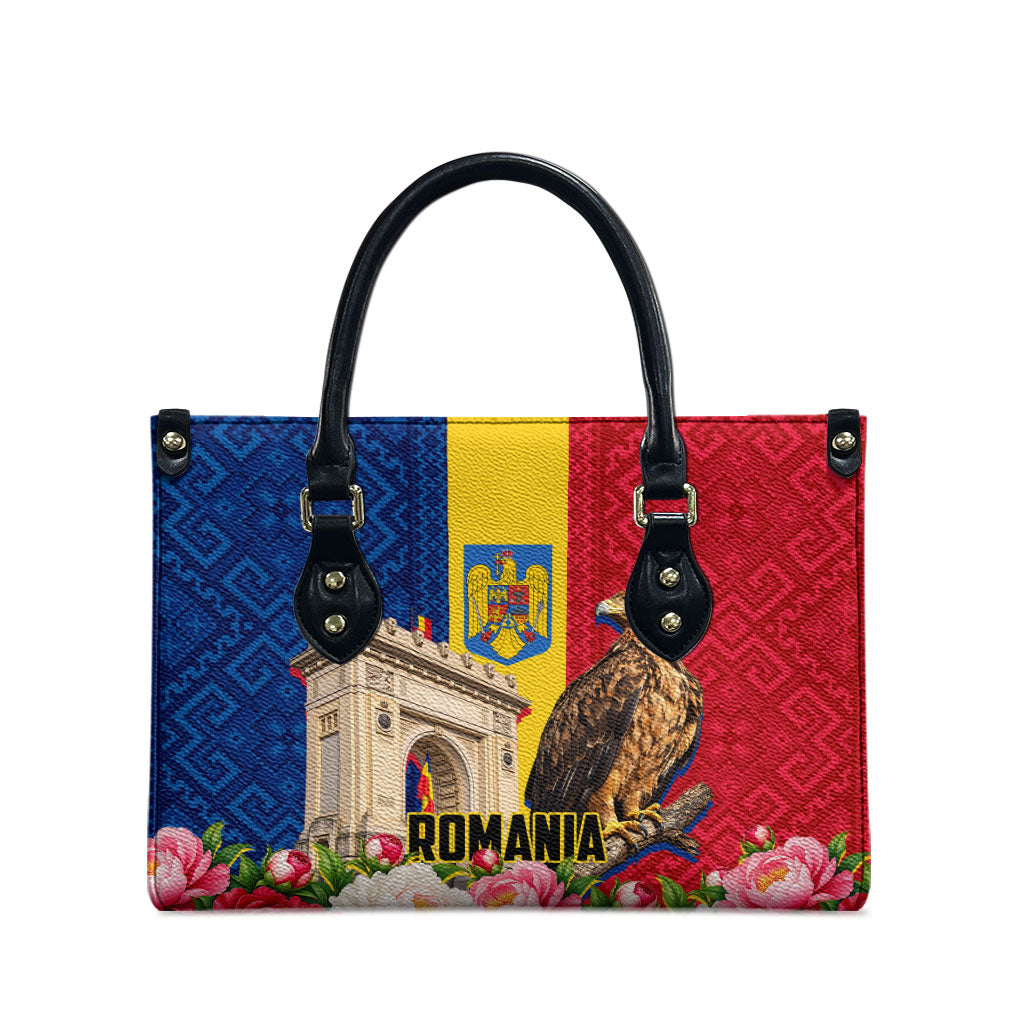Romania Eagle And Arcul De Triumf Leather Bag Traditional Folk Pattern With Floral Peony Motifs