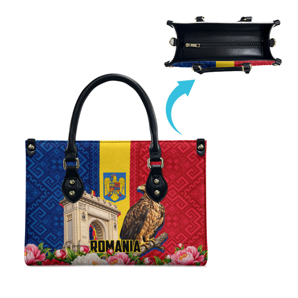 Romania Eagle And Arcul De Triumf Leather Bag Traditional Folk Pattern With Floral Peony Motifs