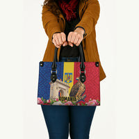 Romania Eagle And Arcul De Triumf Leather Bag Traditional Folk Pattern With Floral Peony Motifs