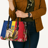 Romania Eagle And Arcul De Triumf Leather Bag Traditional Folk Pattern With Floral Peony Motifs