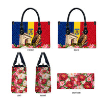 Romania Eagle And Arcul De Triumf Leather Bag Traditional Folk Pattern With Floral Peony Motifs