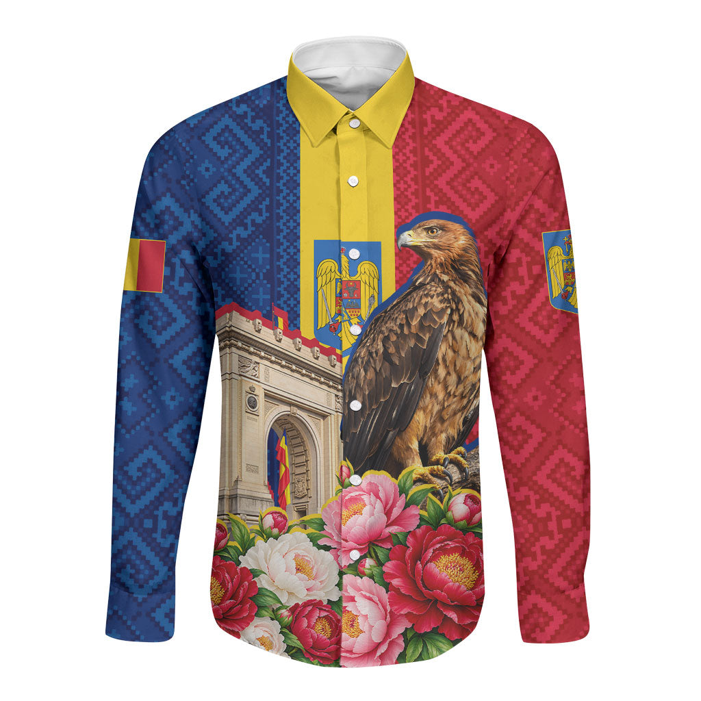 Romania Eagle And Arcul De Triumf Long Sleeve Button Shirt Traditional Folk Pattern With Floral Peony Motifs