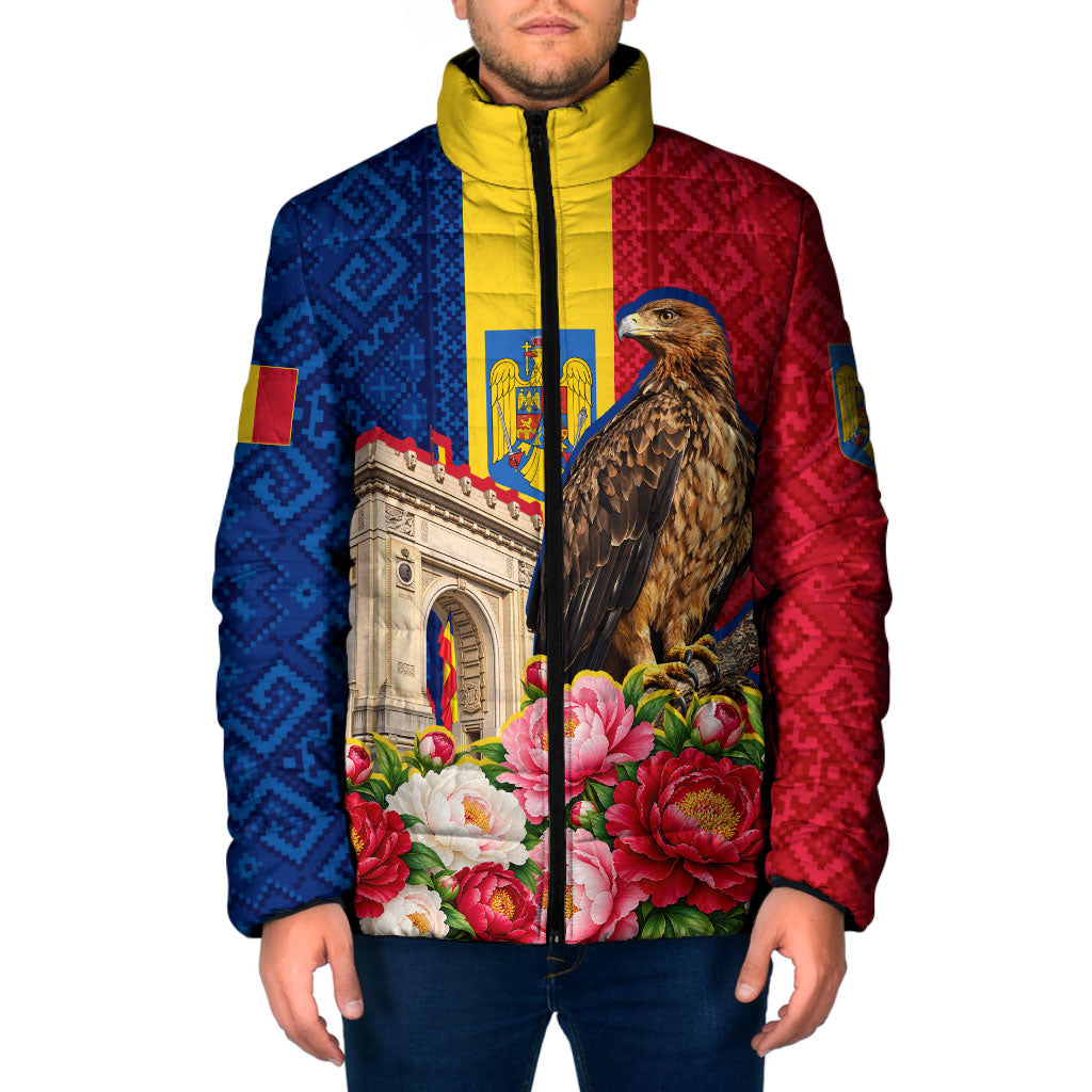 Romania Eagle And Arcul De Triumf Padded Jacket Traditional Folk Pattern With Floral Peony Motifs