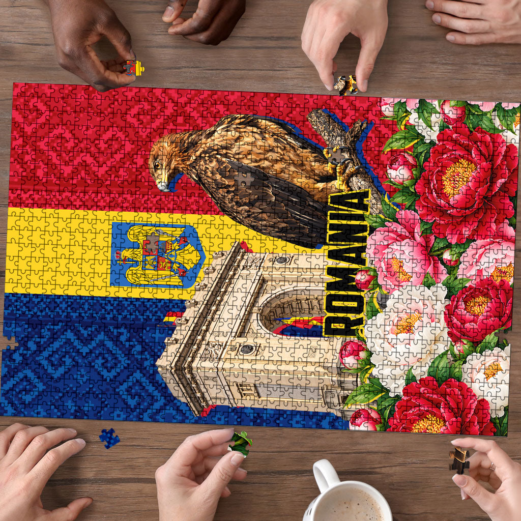 Romania Eagle And Arcul De Triumf Puzzle Traditional Folk Pattern With Floral Peony Motifs