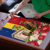 Romania Eagle And Arcul De Triumf Puzzle Traditional Folk Pattern With Floral Peony Motifs