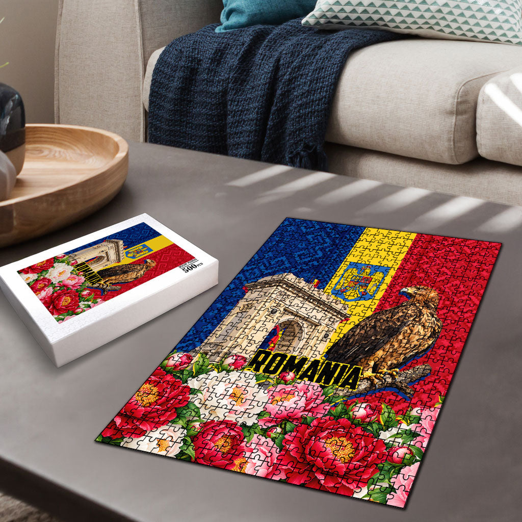 Romania Eagle And Arcul De Triumf Puzzle Traditional Folk Pattern With Floral Peony Motifs