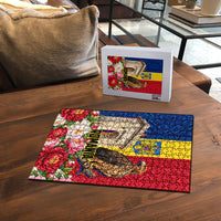 Romania Eagle And Arcul De Triumf Puzzle Traditional Folk Pattern With Floral Peony Motifs