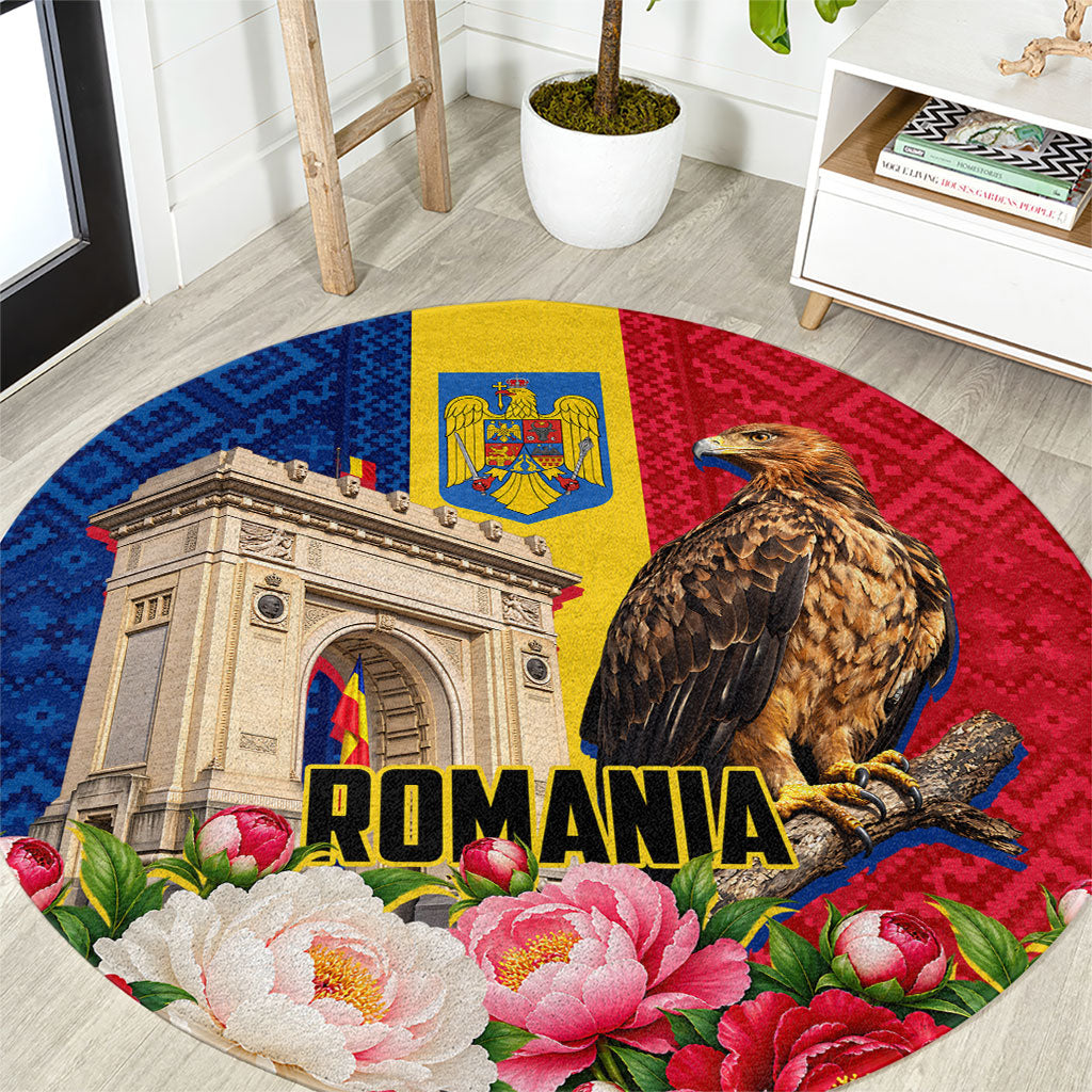 Romania Eagle And Arcul De Triumf Round Carpet Traditional Folk Pattern With Floral Peony Motifs