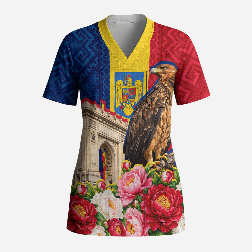 Romania Eagle And Arcul De Triumf Scrub Top Traditional Folk Pattern With Floral Peony Motifs