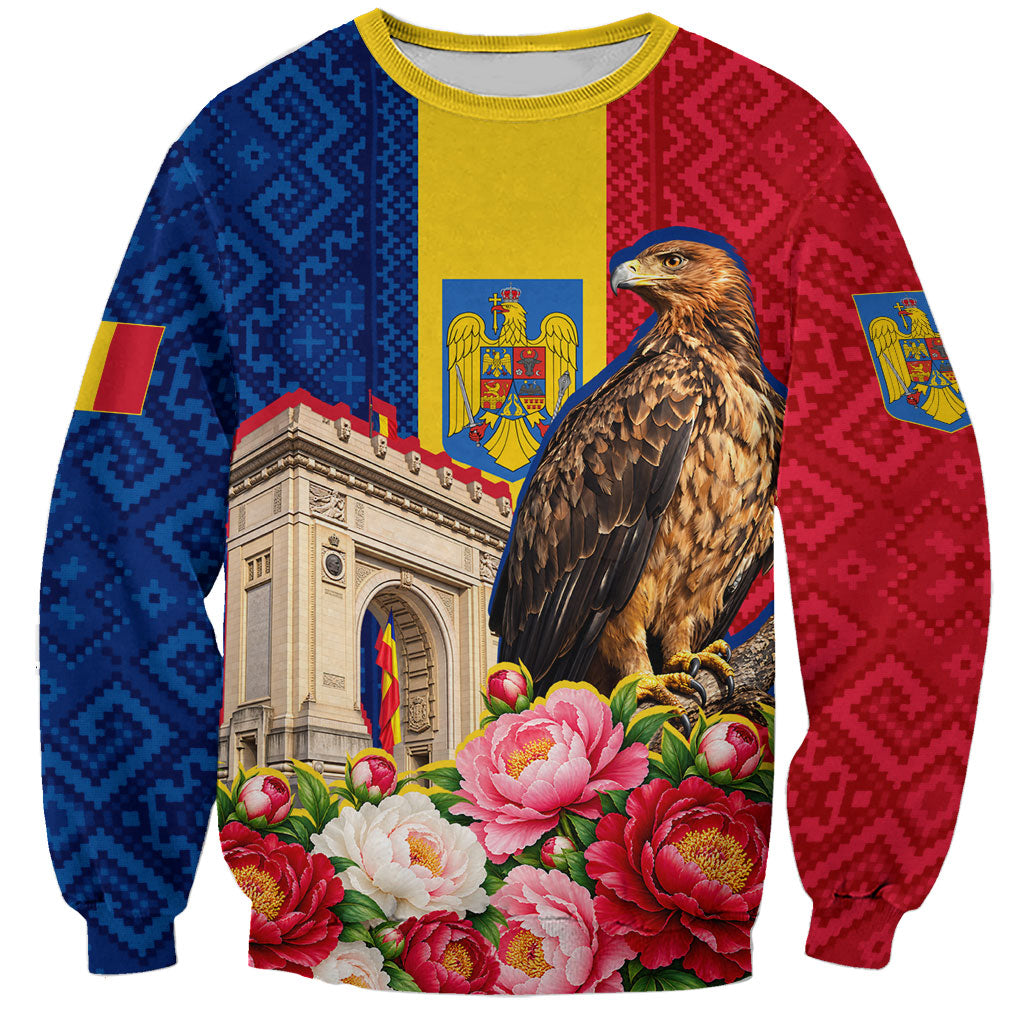Romania Eagle And Arcul De Triumf Sweatshirt Traditional Folk Pattern With Floral Peony Motifs